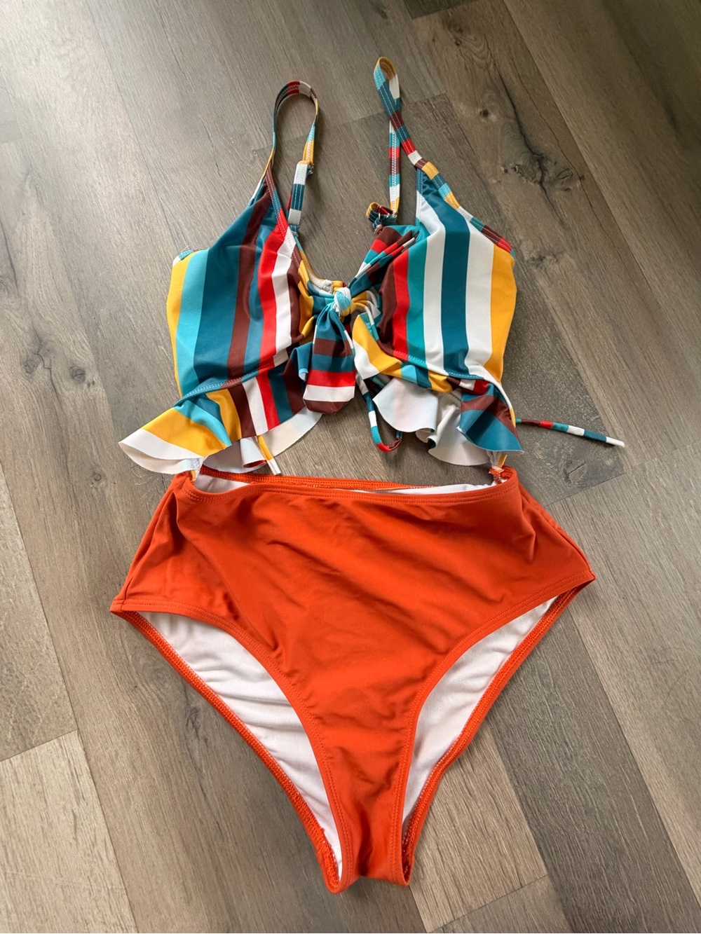 Rainbow Tie-Front Tankini with High-Waist Orange Bottoms, adjustable straps